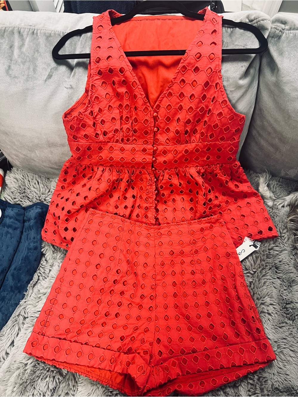 NWT Coral Red Eyelet 2-Piece Shorts Set – Button Front Top & Shorts